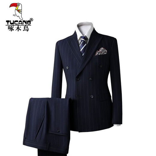 Woodpecker (TUCANO) Men's Suit Casual Business Formal Wear Groomsmen's Wear Groom's Wedding Double-breasted Striped Suit Jacket Men's Black (suit + trousers) 52/XL (125-135Jin Jin equals 0.5kg)