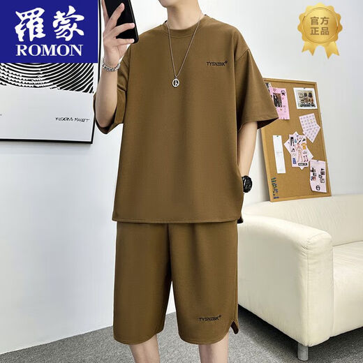 Romon 2025 Sommer Casual Sports Set Herren dünne lose atmungsaktive Kurzarmshorts Zweiteiler gutaussehender Männerkleidung TZ683DT Kaffee Kurzarm + Shorts m