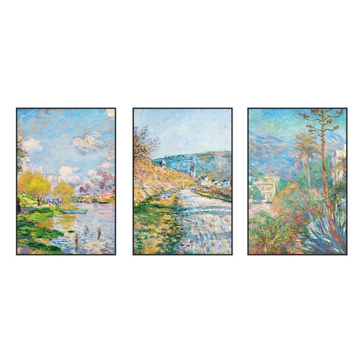 Monet decorative paintings world famous paintings Van Gogh oil paintings hanging paintings living room sofa background wall landscape wall mural triptych sunrise impression 20*30cm 9mm cloth pattern film triptych black edge