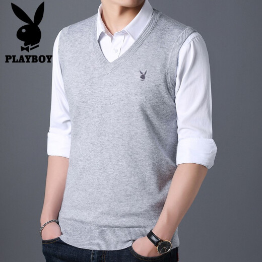 Playboy vest 2020 autumn dad wear middle-aged men's business casual vest brand top clothes middle-aged and elderly light gray XL