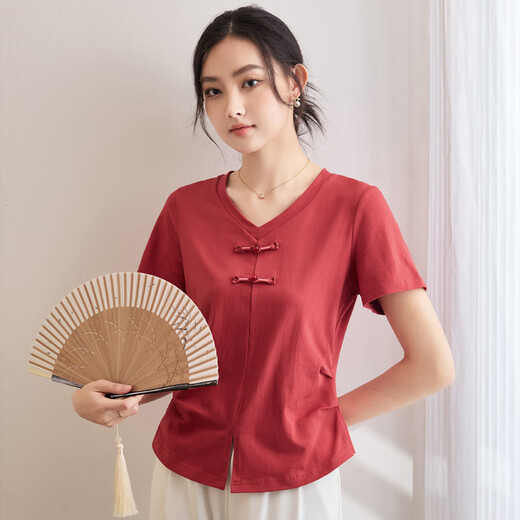 Magischer chinesischer Stil falten kurzärmeliges T-Shirt mit V-Ausschnitt für Frauen im Sommer Neues T-Shirt-vielseitiges Retro-Top für Frauen 9893 Brick Red L (110-120jin [Jin entspricht ungefähr 0,5 kg])