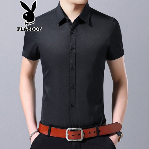 Playboy short-sleeved shirt men's summer thin shirt young men's business casual slim workwear summer half-sleeved bottoming shirt T-shirt men's fashion top inch shirt village clothes summer wear CG602A black XL