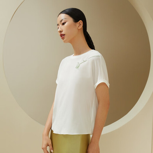 金三塔基础打底衣女真丝中式印花上衣小衫YSFDA701 丝白8229 XL