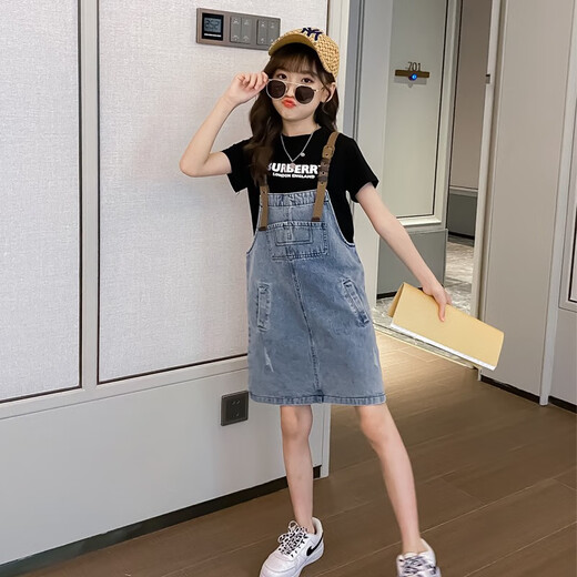 小咕嘟熊童装女童夏装牛仔背带裤裙套装短袖T恤儿童套装两件套女孩连衣裙 黑色 160