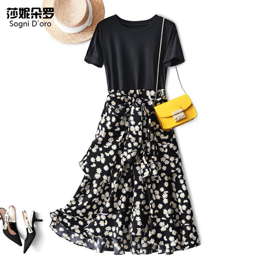 
Shanidoluo large size women's fat mm summer clothing new product loose small daisy print fat man slim dress 15902 black XL recommended 110-130Jin [Jin equals 0.5 kg] to wear