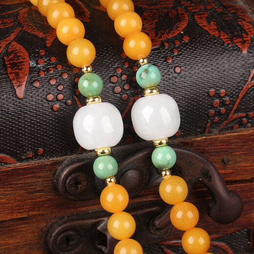 Zhenghe Jewelry Boutique Chicken Fat Yellow Beeswax Buddha Beads 108 Bracelet Original DIY Matching Turquoise and Hetian Jade 19.96g