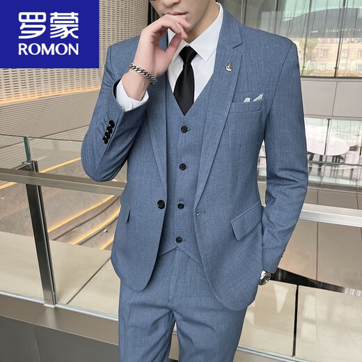 ROMON suit men's three-piece Korean style business casual suit groomsmen groomsmen wedding dress professional formal suit blue one-piece suit tie, belt XL