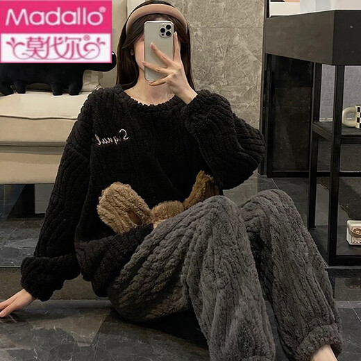 莫代尔珊瑚绒睡衣女春秋冬季加厚保暖甜美可爱法兰绒学生家居服套 3271蓝兔 XL 120-130斤