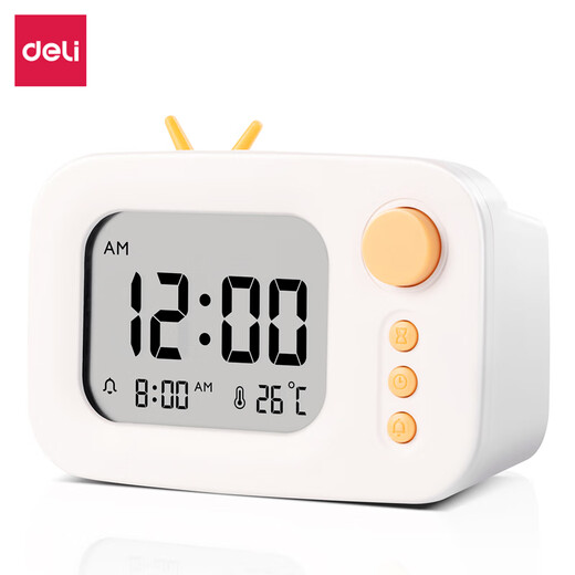 Deli trendy TV small alarm clock countdown timer cartoon smart electronic clock student-specific white LE104 New Year's gift for the beginning of school season