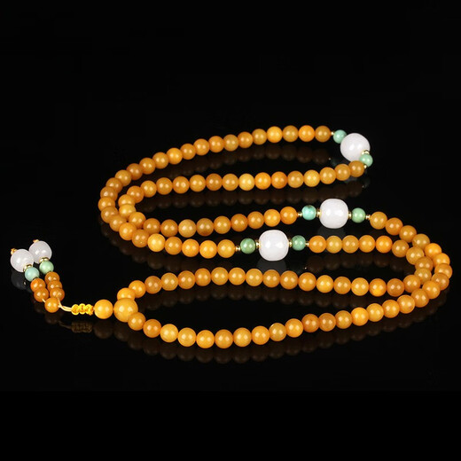 Zhenghe Jewelry Boutique Chicken Fat Yellow Beeswax Buddha Beads 108 Bracelet Original DIY Matching Turquoise and Hetian Jade 19.96g
