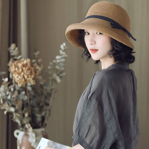 森罗慕彤赫本风遮阳草帽女复古可折叠盆帽文艺渔夫帽子简约太阳帽休闲凉帽