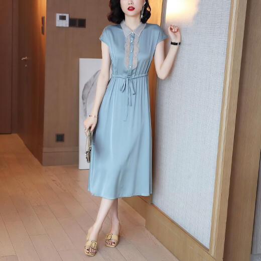 Jeba Pot Satin Silk Dress Women's Summer 2020 Korean Style New Square Neck High Waist Short Sleeve Shirt Skirt Slim Pullover Mid-Length Swing Skirt A-Line Skirt Lady Trendy Blue XL