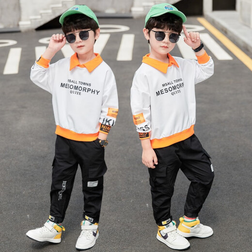 LeFeiGou (LeFeiGou) boys suit children's clothing spring and autumn new style medium and large children's long-sleeved shirt sweatshirt casual trousers two-piece set plus velvet navy blue suit lapel 130