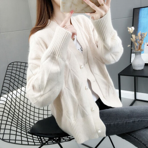 Hengyuanxiang Knitted Sweater Women's Spring and Autumn New Korean Version V-neck Buttoned Loose Slim Women's Top Fashion Versatile Solid Color Sweater Cardigan ing Trendy Jacket Women 0947 Beige One Size