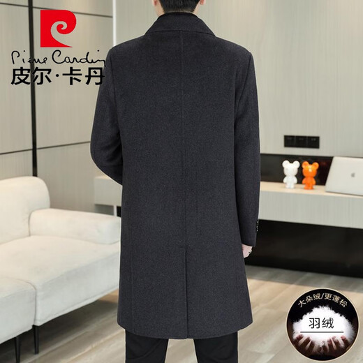 皮尔卡丹（pierre cardin）秋冬季羊毛呢子外套男士中长款加厚羽绒呢大衣男装翻领双面呢风衣 黑灰色【双面呢可脱卸羽绒内胆】 4XL 适合185-205斤