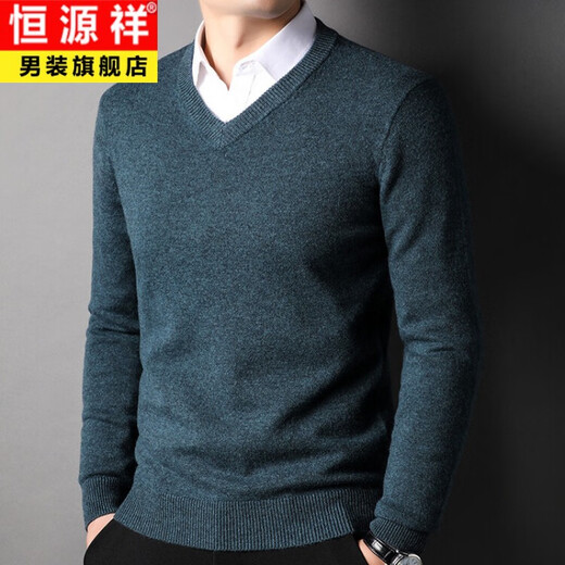 Hengyuanxiang 100% wool sweater men's V-neck thickened sweetheart neck sweater autumn and winter new middle-aged pure wool warm sweater dark red 2XL 180/115