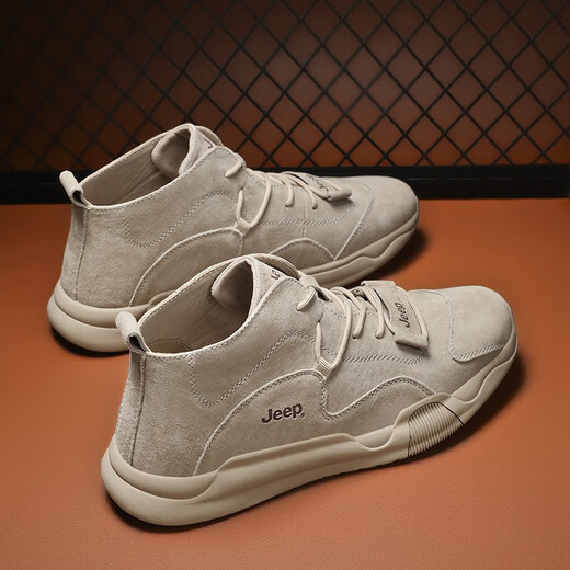 Jeep Herrenschuhe Leichte Kee-Resistante Jeep 2025 Frühlings- und Sommer-Martin Boots Herren Soft Sohle Mid-Top Flat Casual Schuhe Echte Lederschuhe Herren Sandfarbe (Empfohlen von Ladenmanager) 40