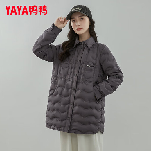 YAYA Lightweight Down Jacket Women's Mid-Length 2023 Winter New Fashion Korean Style Shirt Collar Slim Warm Jacket YZ Muyun Gray S (155)