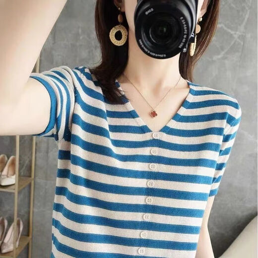 Sovk Ice Silk T-shirt à manches courtes pour femmes Pull à rayures lâches 2025 Été Nouveau pull à col en V mince haut de gris foncé 9901 # xl - Recommandé 125-140jin [Jin est égal à 0,5 kg]