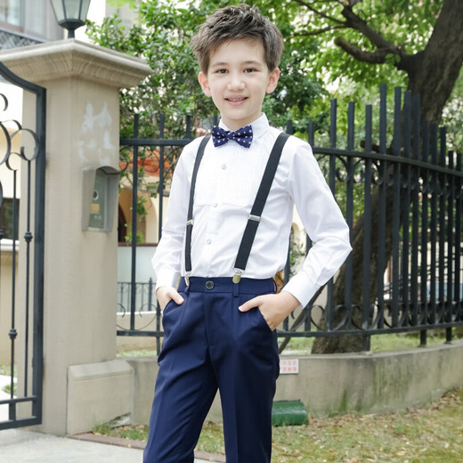 Feathered Duck Children's Dress Primary School Host Flower Girl Overalls Suit Boy Piano Cantata Performance Clothing Black Style 1 (shirt + trousers + suspenders + bow tie) size 130 (recommended height 117-126cm)
