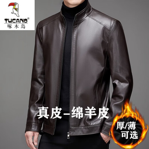 Woodpecker (TUCANO) Haining genuine leather jacket men's velvet thickened sheepskin plus fat plus size leather jacket dad jacket men's black velvet 175/L recommended 120-140Jin Jin equals 0.5 kg