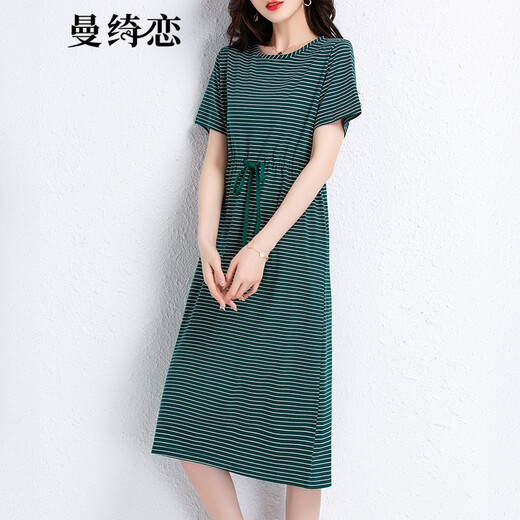 曼绮恋短袖条纹t恤女2022新款夏季中长款过膝纯棉连衣裙宽松显瘦百搭系带T恤裙子潮 藏青条纹6627 L