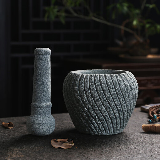 Handmade retro bluestone mortar, garlic pounder, garlic masher, medicine jar, stone cup, bowl, garlic mortar, stone nest, stone pound, vintage threaded old stone mortar 16CM