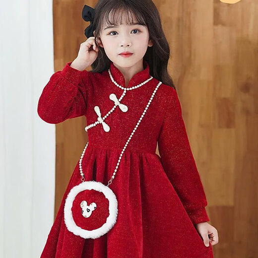 Disney (Disney) Spring Festival New Year Wear 26 New Autumn and Winter Girls Cheongsam Red Dress Velvet New Year Christmas Gift New Skirt Red Velvet Dress (without bag) 120