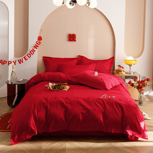 Yalan Home Textiles high-end romantic wedding 100-count long-staple cotton 100% cotton four-piece jacquard embroidery bright red quilt cover JL-LOVE bed sheet 1.8 meters suitable for quilt core 200*230 Yalan Home Textiles high-end romantic wedding 100-count long-staple cotton 100% cotton four-piece jacquard embroidery bright red quilt cover JL-LOVE bed sheet 1.8 meters suitable for quilt core 200*230
