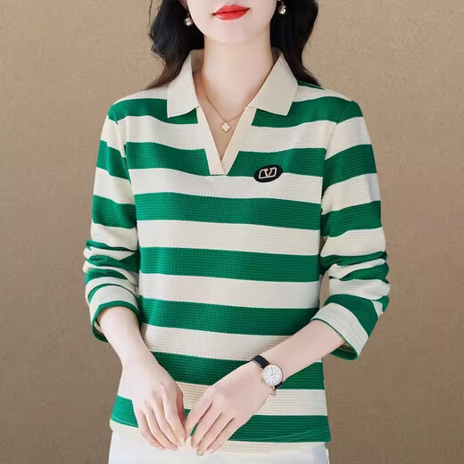 Fangluyu long-sleeved T-shirt for women in spring and autumn new middle-aged mother high-end cotton lapel POLO shirt casual T-shirt loose T-shirt 6636 black and white one size XL recommended to wear 110-119Jin [Jin equals 0.5 kg]