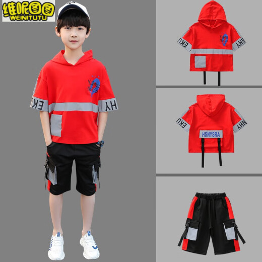 Venetutu Boys Suit Summer Suit 2022 Summer New Medium and Large Children's Suit Short T-shirt Anti-mosquito Pants Little Boy Fashionable Internet Celebrity Sports Two-piece Suit 3-15 Years Old Trendy Green 150 Size Recommended Height About 140 Centimeters