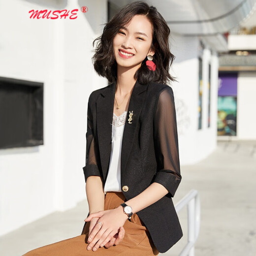 MUSHE Original Light Luxury Small Suit Short Jacket Women's 2022 Autumn New Fashion Korean Version Age-Reducing Slimming Elegant Mesh Splicing Suit Top Jacket White M