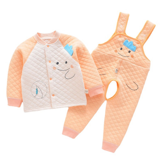 Xin Yueqing autumn and winter children's quilted thickened three-layer thermal underwear for boys and girls pure cotton suspenders thermal underwear set backpack bear blue suspender warm 90