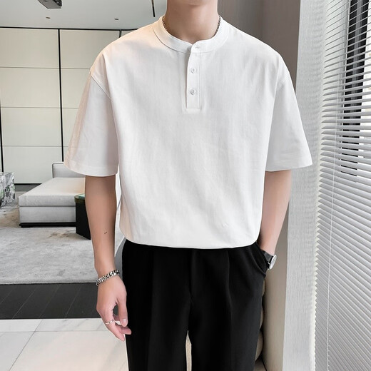 Heavy heavy cotton Henry shirt short-sleeved T-shirt men's summer American retro trend ins loose casual Henry neck T-shirt white XL (recommended 151Jin[Jin equals 0.5 kg]-170Jin[Jin equals 0.5 kg])