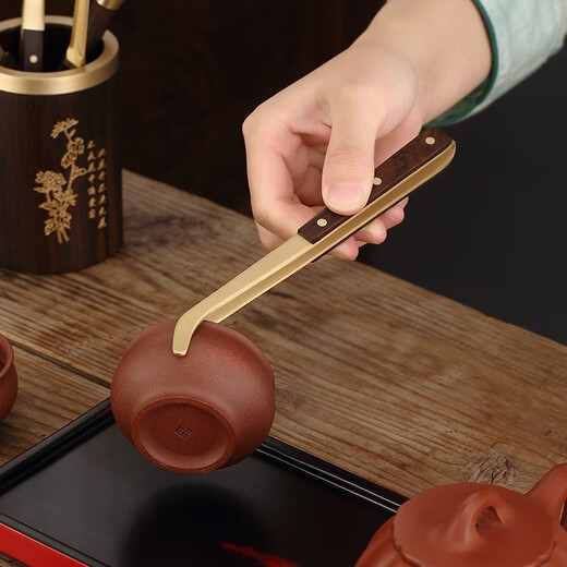 Jiutang Tea Ceremony Six Gentlemen Set Kung Fu Tea Set Accessories Tea Clips Tea Knives Tea Spoons Cups and Forks Pot Keeping Pen Tea Making Tools and Supplies Lan - Copper and Wood Six Gentlemen (Copper and Wood Accessories)