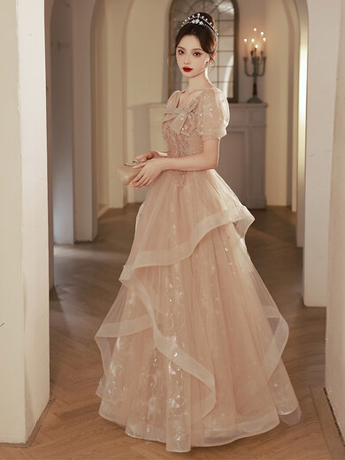 Fuyihao adult dress for women 18-girl dress for students puffy skirt 2025 new banquet temperament light luxury niche high-end design khaki long (champagne color) M
