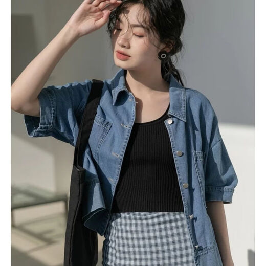 简方位牛仔衬衫2022夏装短款上衣复古港味气质百搭矮个子短袖外套女新款 869牛仔蓝 均码  S75-85斤