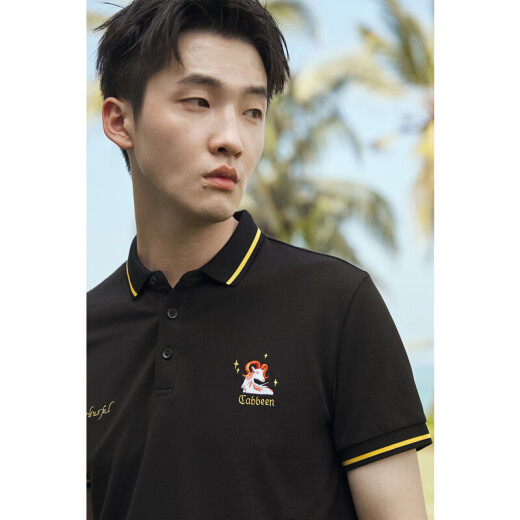 Carbine men's goat constellation embroidered black short-sleeved POLO shirt spring and summer simple casual slim C coal black 0152/180/XL