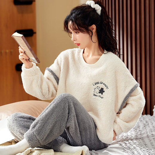Moszhen autumn and winter coral velvet couple pajamas men's cartoon thickened velvet can be worn outside young women's round neck home clothes YSD663 female XL size (recommended 120-135Jin Jin is equal to 0.5 kg)