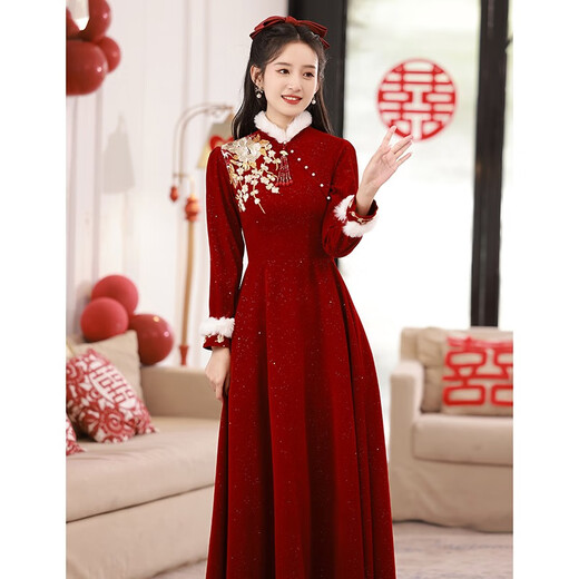 Lanka Roni winter toast dress bride thick 2025 new Chinese style cheongsam burgundy wedding dress women's high-end long-sleeved burgundy GS764 shawl long L (recommended 106-115 Jin Jin equals 0.5 kg)