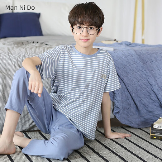 Emberlove Boy Pyjamas reine Baumwollkinder Frühling und Herbst Dünne kurzärmelige Hose Anzug Big Children Teenager Jungen Klimaanlage Home Kleidung N9901 [kurze Länge] 175 größere Version l Größe