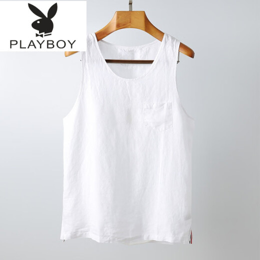 Playboy [PLAYBoy] linen vest men's summer thin loose cotton and linen clothes sleeveless round neck T-shirt casual vest vest trendy white 2XL