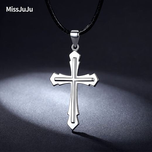 Miss JuJu men's platinum pendant trendy men's flame cross pt950 platinum pendant glossy car flower personalized pendant for women car flower version 8.9-9.1g+ with black leather rope