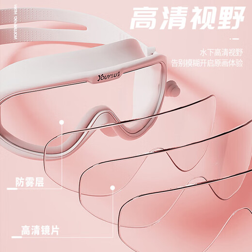 You swimming goggles, glasses with earplugs, swimming cap, waterproof, anti-fog, high-definition, large-frame swimming goggles, six-piece set 60216, white and transparent