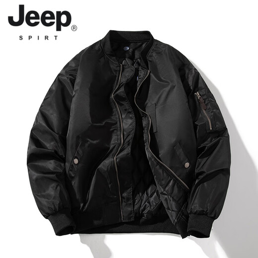 JEEP SPIRIT American bomber jacket men's winter cotton thickening baseball uniform spring and autumn casual thin flying cotton clothing black winter cotton clothing thickened XL 130~145Jin Jin equals 0.5 kg