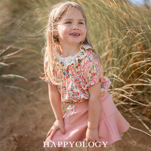 Happyology British children and girls short-sleeved floral shirt pure cotton bottoming baby girl loose shirt top colorful Newnham 98 (98cm)