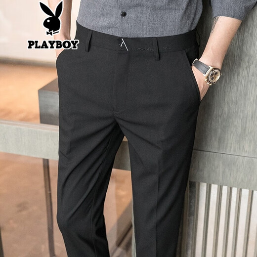 Jesons summer pants men's casual pants straight drooping pinnacle suit pants slim foot business casual pants trousers K723 black (crop pants) 32