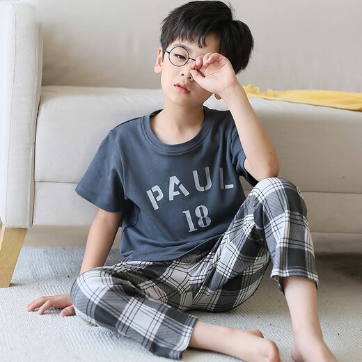 Emberlove Boy Pyjamas reine Baumwollkinder Frühling und Herbst Dünne kurzärmelige Hose Anzug Big Children Teenager Jungen Klimaanlage Home Kleidung N9901 [kurze Länge] 175 größere Version l Größe