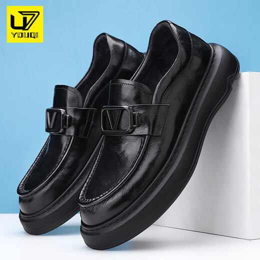 U7 brand men's shoes summer British business formal casual leather shoes for men 2025 new genuine leather one-foot shoe black A831-308-F8 44 leather shoes standard size