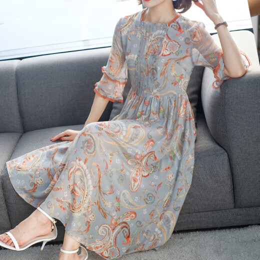 French retro printed skirt summer dress 2020 new slim fit mid-length dress young mother wear picture S